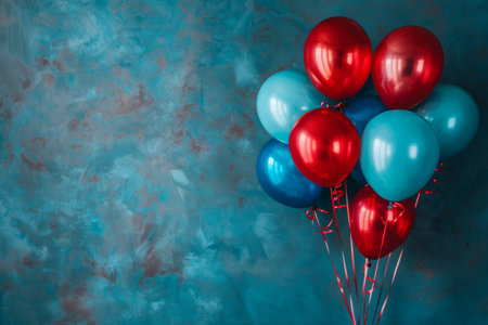 A cluster of shiny red and blue balloons floats on the groundの素材