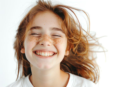 Young girl with freckled face smiling and laughing joyfullyの素材