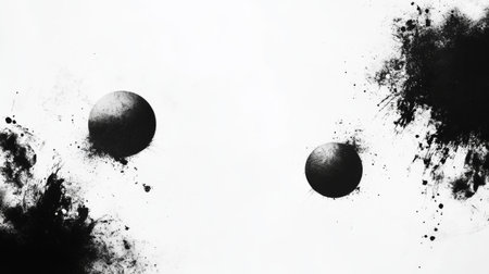Two spherical forms surrounded by ink splatters create contrast.の素材