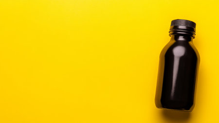Black bottle rests on a sunny yellow surface showing simplicity.の素材