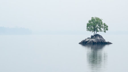 A solitary tree stands on a rocky island surrounded by water.の素材
