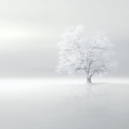 A solitary tree covered in snow creates a peaceful winter view.の素材