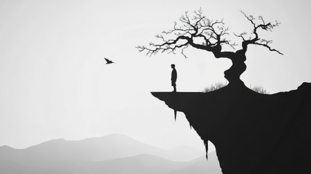 Silhouette of a man on the edge of a cliff side viewの素材