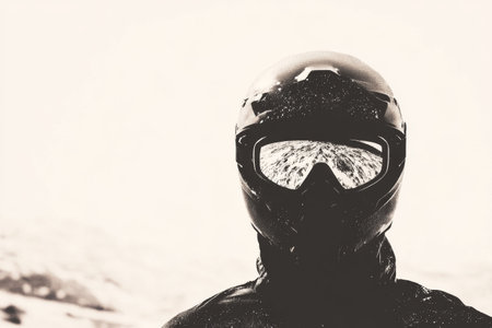 Skier wearing a black helmet and goggles in a snowy landscapeの素材