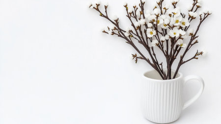 Delicate white blossoms arranged in a white cup on a light backgroundの素材