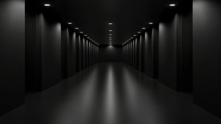 A dark hallway with lined lights creates a mysterious atmosphereの素材