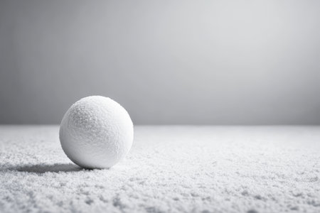 A snowball rests gently on pristine, softly lit snow.の素材