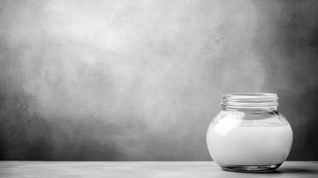 Creamy liquid in a glass jar on a gray background.の素材