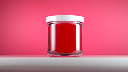 Vibrant red jelly jar against a bright pink backgroundの素材
