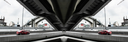 Reflection photo of Skytrain building in bangkokの写真素材