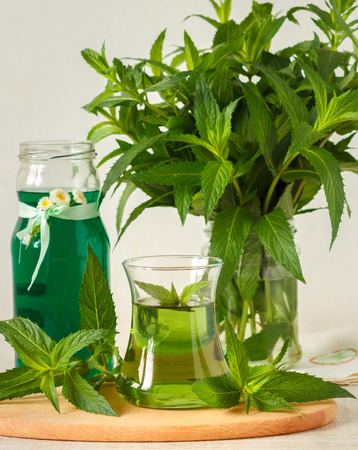 Concentrate mint syrup and fresh drinkの写真素材