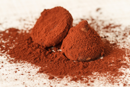 Truffle chocolate candies on cocoa powderの写真素材