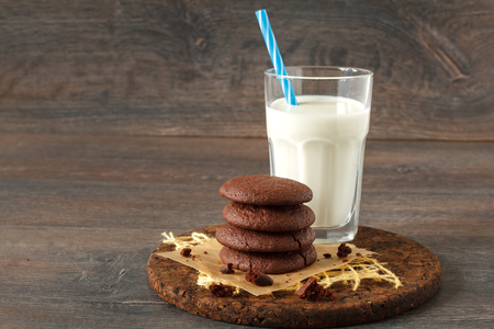 Double chocolate chip cookies with mint and coconut milkの写真素材