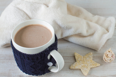 A cup of hot cocoa or hot chocolate, traditional beverage for winter time.の写真素材