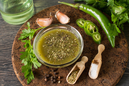 Mexican jalapeno sauce with ingredientsの写真素材