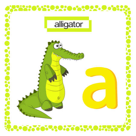 Lowercase Letter a. Alphabet letter a with funny alligator isolated on white background. Cute vector Zoo alphabet in cartoon style. Education card for kids learning English vocabularyのイラスト素材