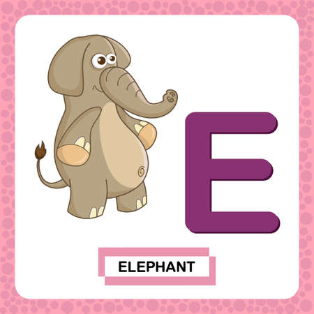 Letter E uppercase with cute cartoon character elephant isolated on white background. Funny colorful flashcard Zoo and animals ABC alphabet. Education card for kids learning English vocabulary or alphabet.のイラスト素材