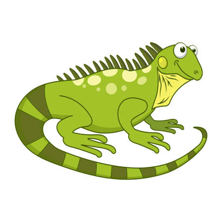 Funny green iguana. Cute exotic lizard isolated on white background. Reptile animal cartoon character. Education card for kids learning animals. Logic Games for Kids. Adorable inhabitants of jungle.のイラスト素材