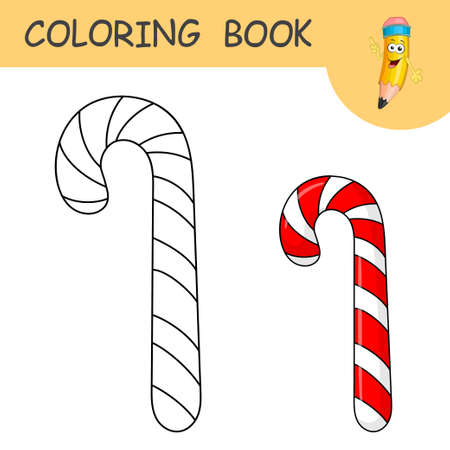 Coloring book with cartoon Candy Cane. Colorless and color samples Christmas sweet on coloring page for kids. Coloring design in cute cartoon style. Black contour silhouette with sample for coloringのイラスト素材