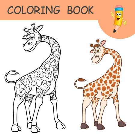Coloring book with fun character Giraffe. Colorless and color samples Giraffe on coloring page for kids. Coloring design in cute cartoon style. Black contour silhouette with a sample for coloringのイラスト素材