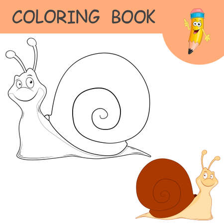 Coloring book with fun character Snail. Colorless and color samples Slug on coloring page for kids. Coloring design in cute cartoon style. Black contour silhouette with a sample for coloring.のイラスト素材