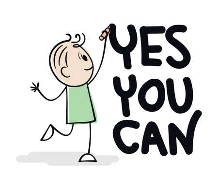 Smiling stick man drawing conceptual illustration of man holding pencil and writing slogan. Yes you can. Positive, motivation and inspiration quote or slogan. cartoon stick figure wrote or drew a wordのイラスト素材