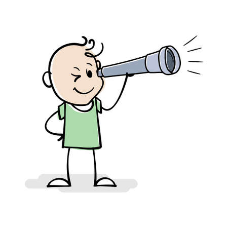 Cartoon stick man standing and looking through spyglass. Drawing of smiling stick figure with field glass or telescope. Man searching for successful creative idea. Find, discovery, investigation conceptのイラスト素材