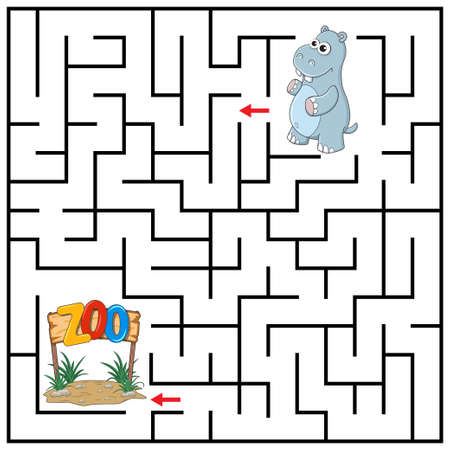 Maze or Labyrinth for Children with cartoon Hippo. Find the right way to the Zoo. Answer under the layer. Square Puzzle Game. Labyrinth conundrum. education worksheet. activity page. Logic Game for kids