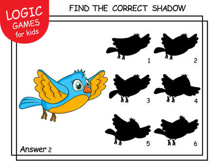 Find the correct shadow Bird. Cute cartoon Parrot. Educational matching game with cartoon character. Logic Games for Kids with answer. Learning card with task for child preschool and kindergartenのイラスト素材