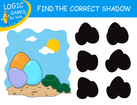 Easter Eggs on sand isolated on colorful background. Find the correct shadow the Eggs. Cute cartoon food. Educational matching game. Logic Game for Kids. Learnig card for kids preschool, kindergartenのイラスト素材