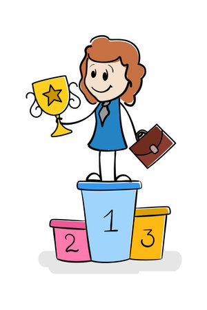 Cartoon stick woman standing on podium and holding trophy cup for winner. First place. champion win. Golden victory reward cup. Businesswoman is happy and won prize. concept of success and careerのイラスト素材