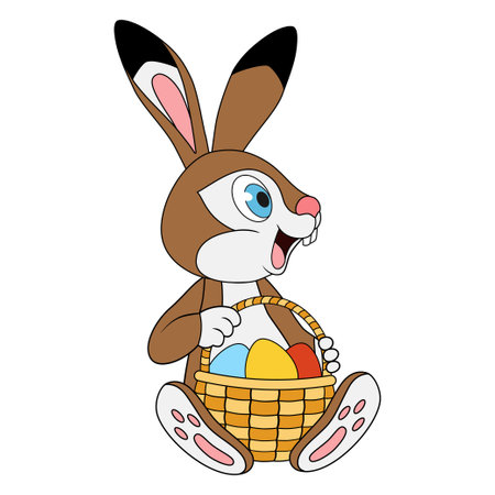 Young Easter Hare sitting and holding basketf ull of Easter eggs. side view. Funny cartoon character Rabbit. Template of decoration element for celebration or education card for kids. easter conceptのイラスト素材