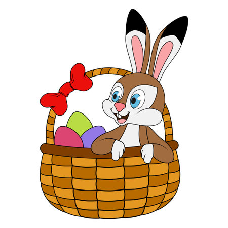 Easter Hare sitting in basket with Easter eggs. Template design for celebration, decoration elements. Education card for kids learning animals and holiday. Happy Easter. spring holiday. cartoon styleのイラスト素材