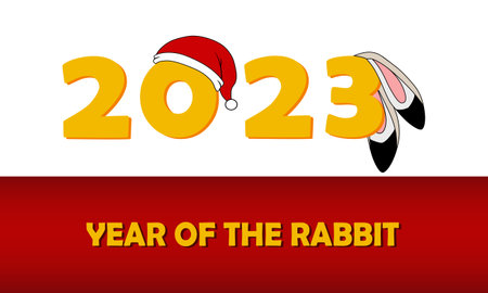 Happy Chinese new year background 2023 with cartoon Rabbit ears and Santa claus hat on gold numbers 2023. Year of the Rabbit. Holiday template for card, poster, banner, brochure with space for textのイラスト素材