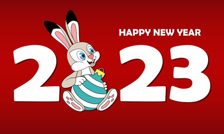 Happy Chinese new year 2023 with cute rabbit sitting and holding christmas ball. The rabbit is the symbol of 2023. New Year's card, background, poster, banner, brochure, calendar. Holiday art for kidsのイラスト素材