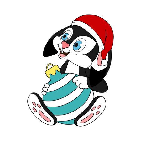 Happy black rabbit in Santa hat sitting and holding christmas ball. Black Rabbit as symbol of 2023 Chinese New Year. Cartoon Bunny or Hare with colorful toy. New year art for kids. Year of the Rabbitのイラスト素材