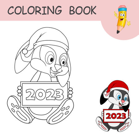 Coloring book with cartoon Rabbit holding card with text 2023 in his paws. Colorless and color example Hare on coloring page. Worksheet, greeting card, antistress coloring with new year art for kidsのイラスト素材