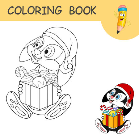 Coloring book with cartoon Rabbit holding box of New Year's toys and sweet. Colorless and color example Hare on coloring page. Worksheet, greeting card, antistress coloring with New Year art for kidsのイラスト素材