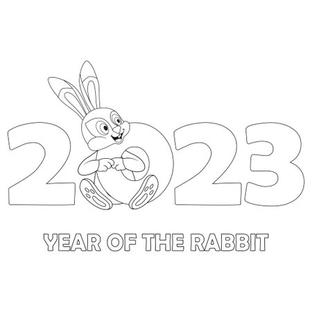 Colorless cartoon Rabbit sitting among numbers 2023. Black and white template for coloring book with Bunny as symbol of 2023 New Year. Black contour silhouette Hare. Worksheet, Greeting card for kidsのイラスト素材