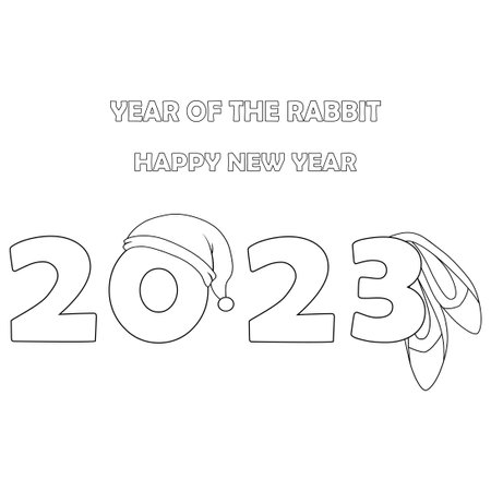 Colorless cartoon Rabbit ears and Santa claus hat on numbers 2023. Black and white template page for coloring book with Bunny as symbol of 2023 New Year. Worksheet or Greeting card for kidsのイラスト素材