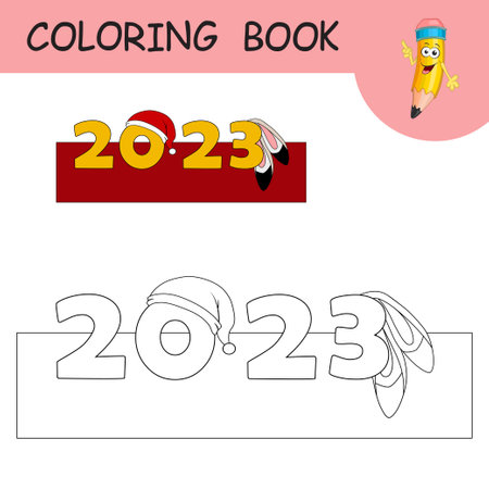 Coloring book with cartoon Rabbit ears and Santa claus hat on numbers 2023. Colorless and color example Hare on coloring page. Worksheet, Greeting card, Antistress coloring with new year art for kidsのイラスト素材