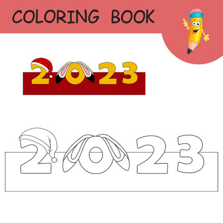 Coloring book with cartoon Rabbit ears and Santa claus hat on numbers 2023. Colorless and color example Hare on coloring page. Worksheet, Greeting card, Antistress coloring with new year art for kidsのイラスト素材