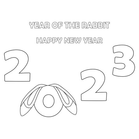Colorless cartoon Rabbit ears and numbers 2023. Black and white template page for coloring book with Bunny as symbol of 2023 New Year. Christmas background. Worksheet or Greeting card for kidsのイラスト素材