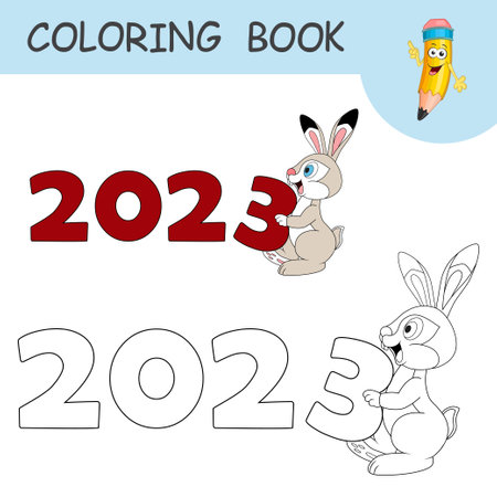 Coloring book with cartoon Rabbit carries a number three. Colorless and color example Hare as symbol of 2023 on coloring page. Worksheet, Antistress, Greeting card coloring with new year art for kidsのイラスト素材