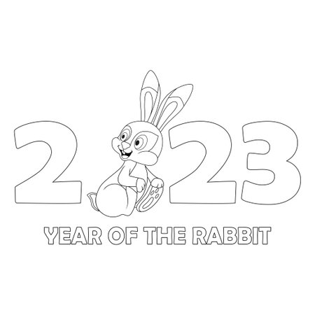 Colorless cartoon rabbit sitting among numbers 2023. Black and white template page for coloring book with Bunny as symbol of 2023 Chinese New Year. Worksheet or Antistress coloring page for kidsのイラスト素材