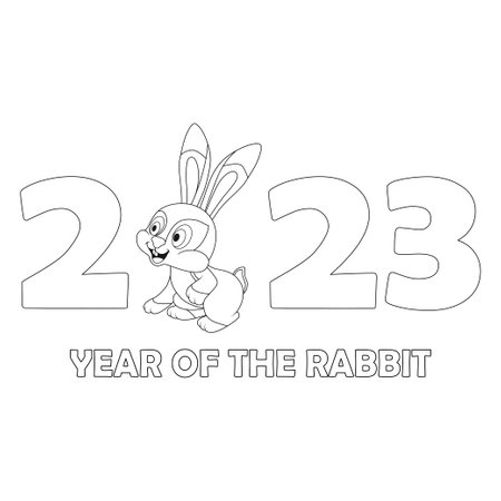 Colorless cartoon Rabbit and numbers 2023. Black and white template page for coloring book with Bunny as symbol of 2023 New Year. Black contour silhouette Hare. Worksheet or Greeting card for kidsのイラスト素材