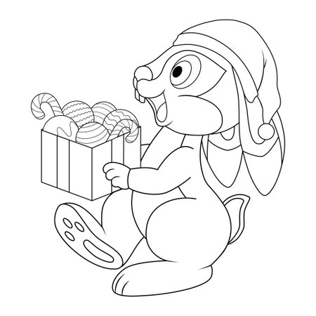 Colorless cartoon Rabbit in santa hat carries a full box of New Year's toys and sweets. Black and white template for coloring book with Hare as a symbol of 2023 Chinese New Year. greeting card for kidsのイラスト素材
