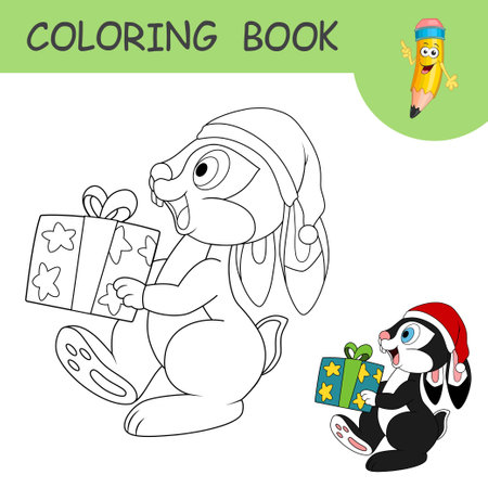 Coloring book with cartoon rabbit carry present box for celebration party. Colorless and color example Hare on coloring page. Worksheet, Greeting card, Antistress coloring with new year art for kidsのイラスト素材