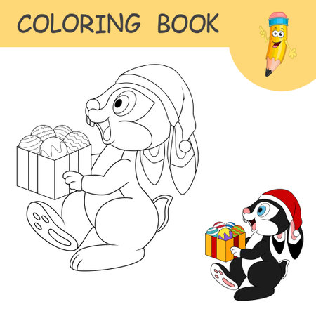Coloring book with cartoon rabbit carries full box of New Year's toys. Colorless and color example Hare on coloring page for kids. Template of Rabbit as a symbol of 2023 Chinese New Year for coloringのイラスト素材