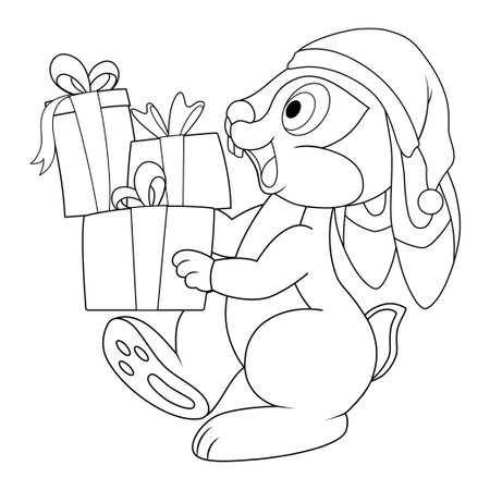 Colorless cartoon Rabbit in santa hat carries a lot of boxes with gifts. Black and white template for coloring book with Hare as symbol of 2023. Worksheet or Greeting card with new year art for kidsのイラスト素材